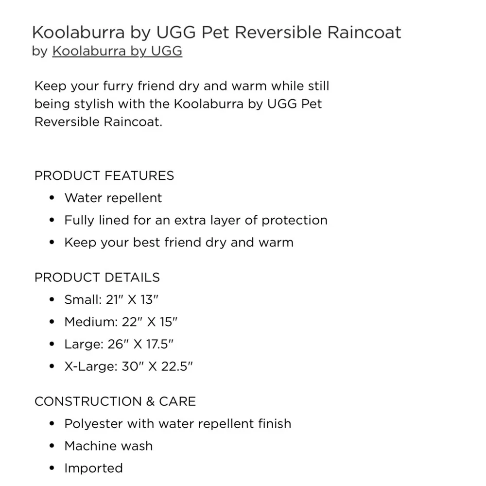 Kookaburra by Ugg Pet Reversible Raincoat